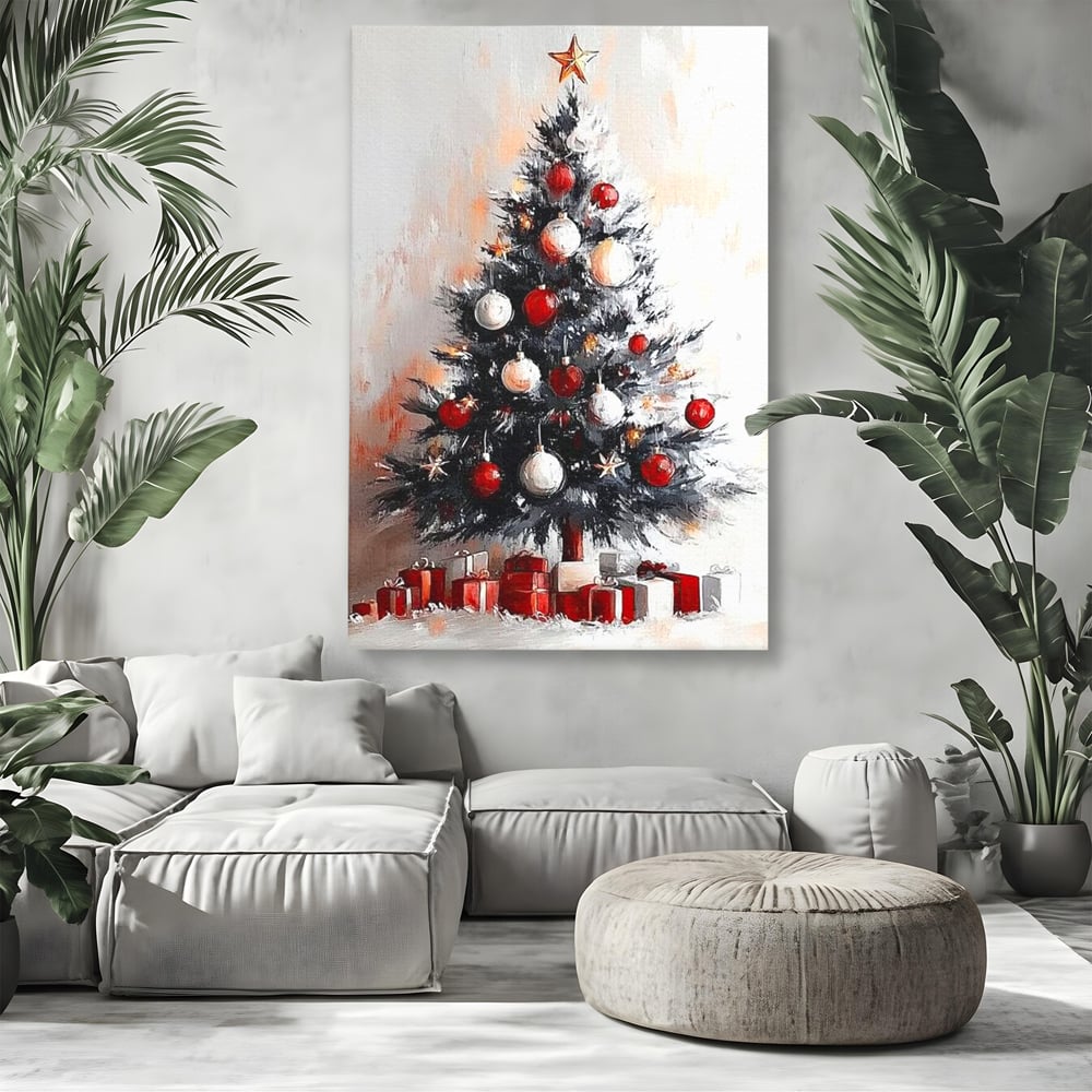 Tablou canvas cu tablou canvas cu brad de craciun pictat, fara rama, pe sasiu de lemn, pe perete intr-un living